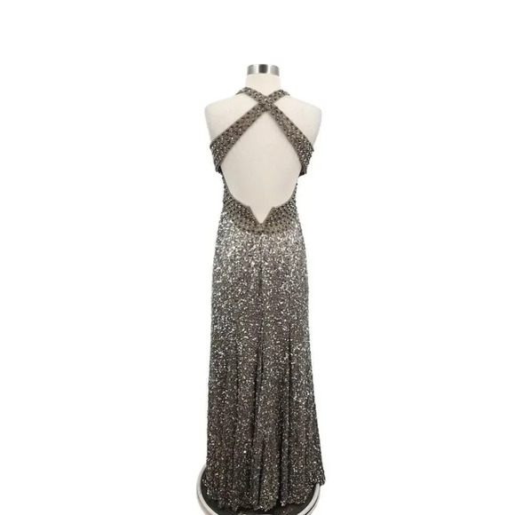 BG Haute Women's Silk V-Neck Silver Floor Length Sequin Evening Gown Size 0 NWOT - Picture 2 of 16